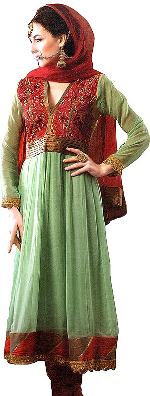 Brook-Green Anarkali Choodidaar Kameez Suit with Aari Embroidered Flowers on Neck and Patch Border