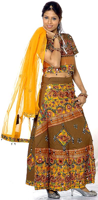 Brown and Amber Printed Chaniya Choli from Rajasthan with Mirrors and Embroidery
