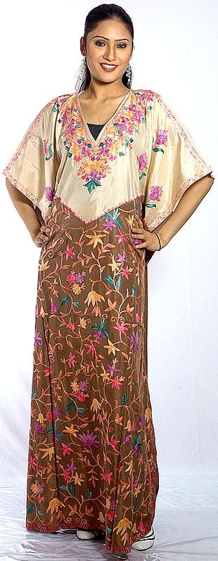 Brown and Beige V-Neck Kaftan with Crewel Embroidery All-Over