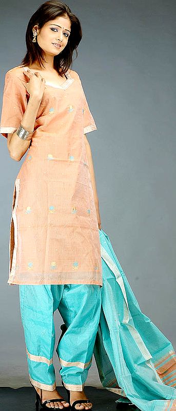 Brown and Green Chanderi Suit with Pin Stripes