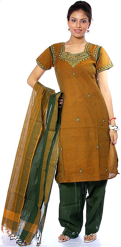 Brown and Green Salwar Suit with Embroidery on Neck