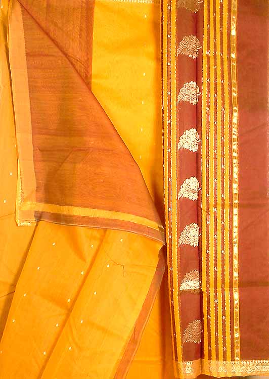 Brown and Mustard Chanderi Suit with Golden Bootis
