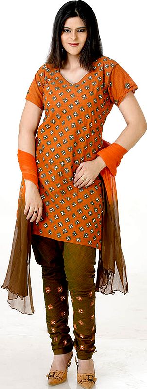 Brown and Olive Choodidaar Suit with All-Over Embroidery and Sequins