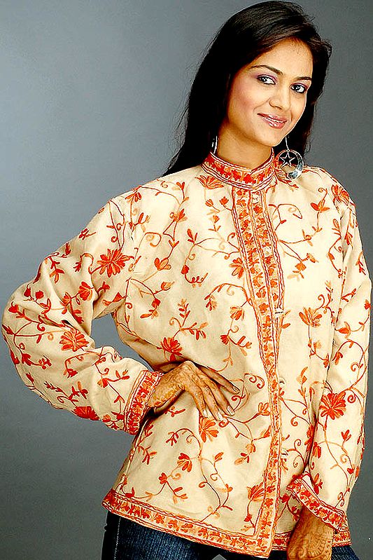 Brown and Orange Kashmiri Jacket with All-Over Embroidery