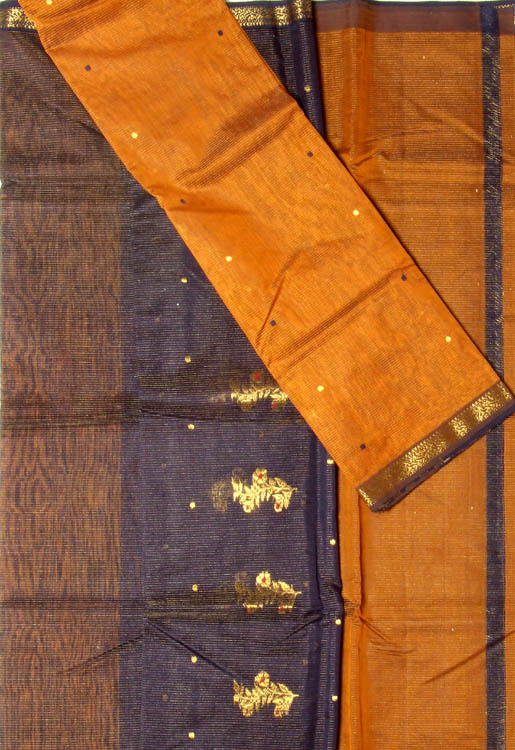 Brown and Purple Tissue Chanderi Suit with Pin Stripes and Bootis in Golden Thread