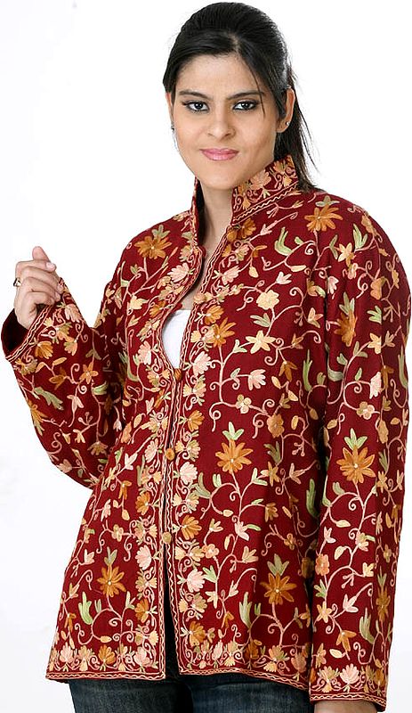 Brown Aari Jacket from Kashmiri with Floral Embroidery