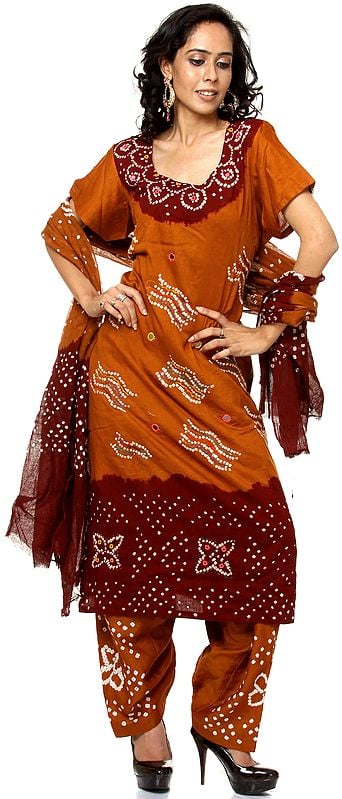 Brown Bandhani Salwar Kameez Suit with Mirrors and Threadwork