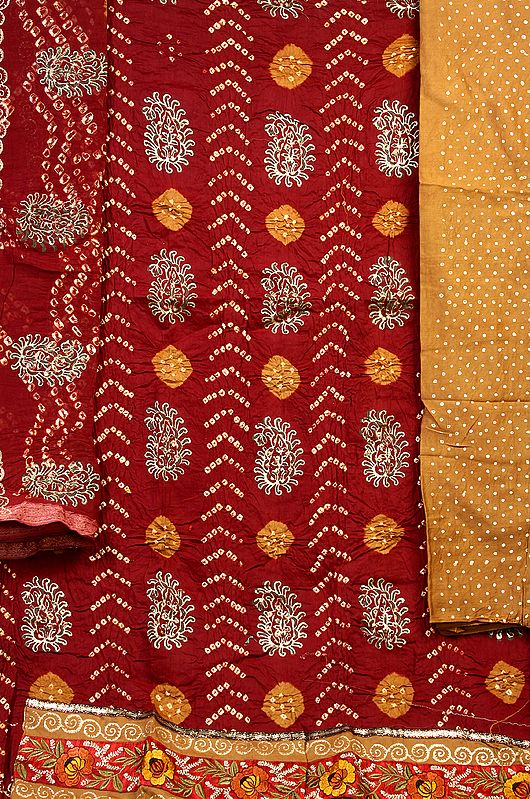 Brown Bandhani Salwar Kameez Suit with Printed Paisleys and Floral Patch Border