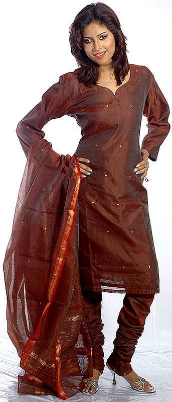 Brown Chanderi Salwar Suit with All-Over Golden Bootis and Zari Border