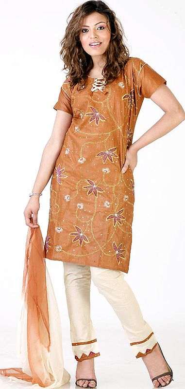 Brown Choodidaar Suit with All-Over Embroidery and Sequins
