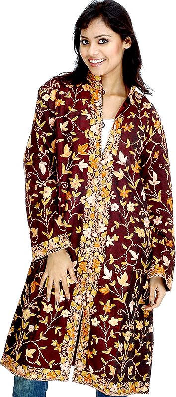Brown Floral Long Jacket from Kashmir