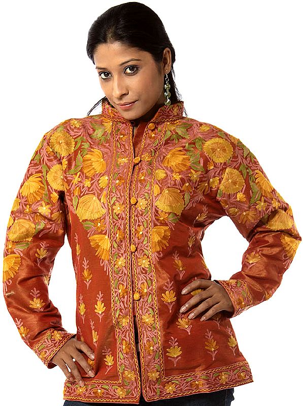 Brown High-Neck Jacket from Kashmir with Saffron Flowers