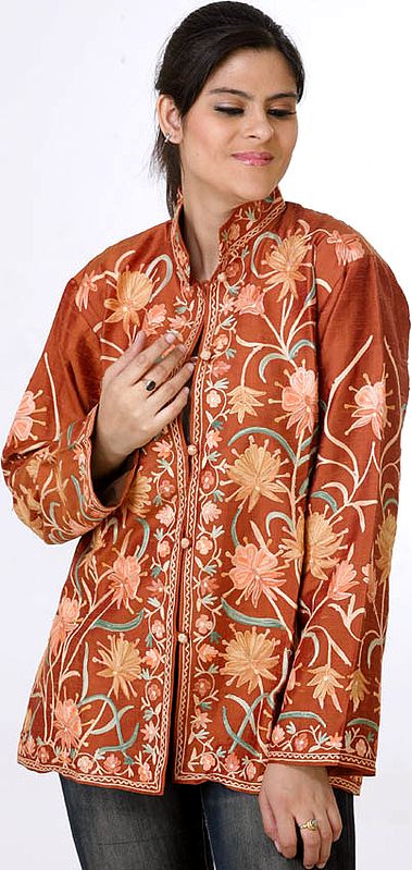 Brown Jacket with Floral Embroidery All-Over