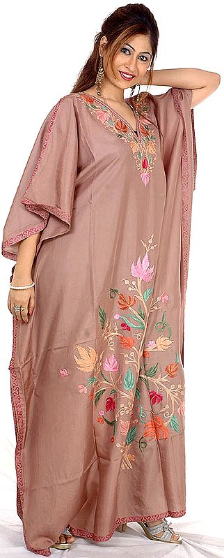 Brown Kaftan from Kashmir with Crewel-Embroidered Flowers