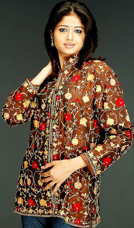 Brown Kashmiri Aari Jacket with Floral Embroidery