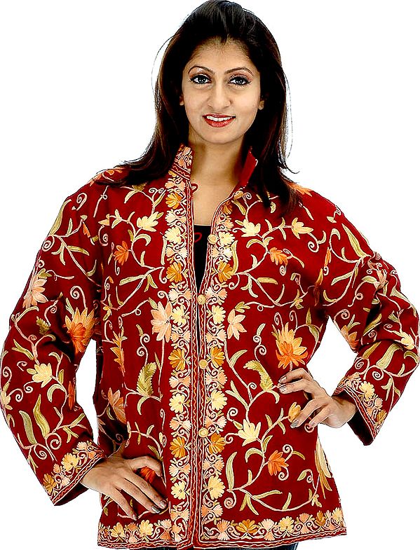 Brown Kashmiri Jacket with Floral Embroidery