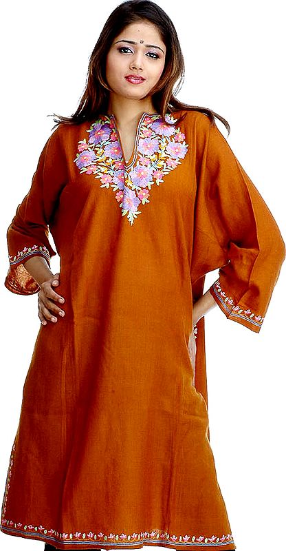 Brown Kashmiri Phiran with Floral Embroidery
