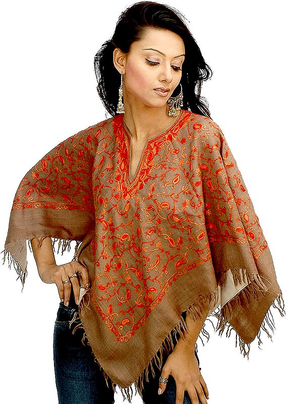 Brown Kashmiri Poncho with All-Over Embroidery