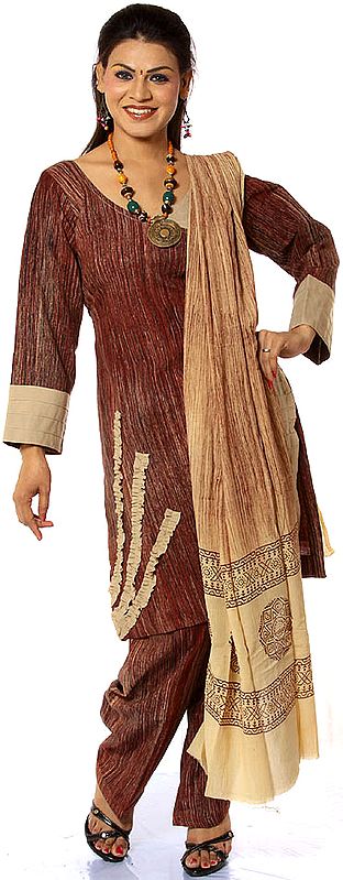 Brown Khadi Suit with Printed Dupatta