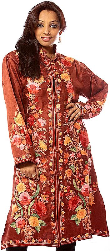 Brown Long Silk Jacket with Flowers Embroidered All-Over