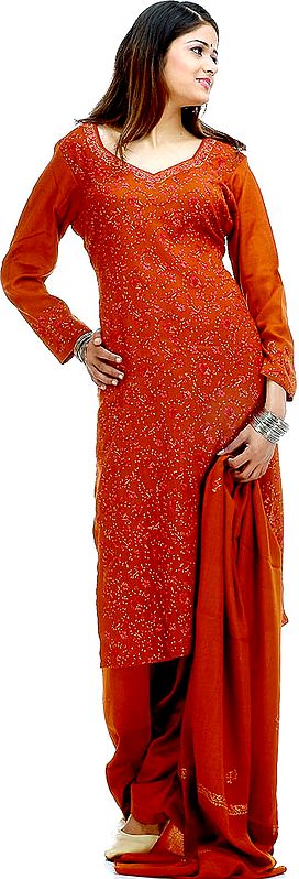 Brown Needle Embroidered Salwar Suit with Shawl
