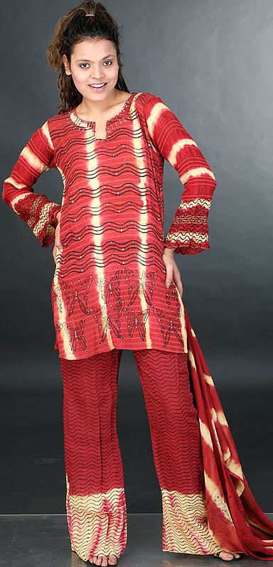 Brown Printed Crush Parallel Suit with Mokaish Work