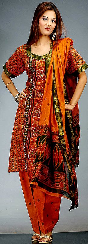 Brown Printed Sanganeri Suit with Kantha Stitch