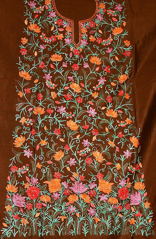 Brown Salwar Kameez Fabric Kashmir with Floral Aari Embroidery