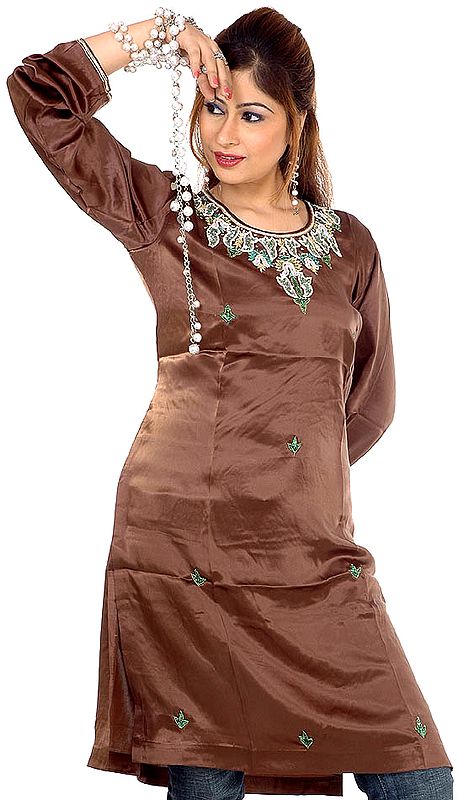 Brown Silk Kurti Top from Kashmir with Beadwork and Sequins