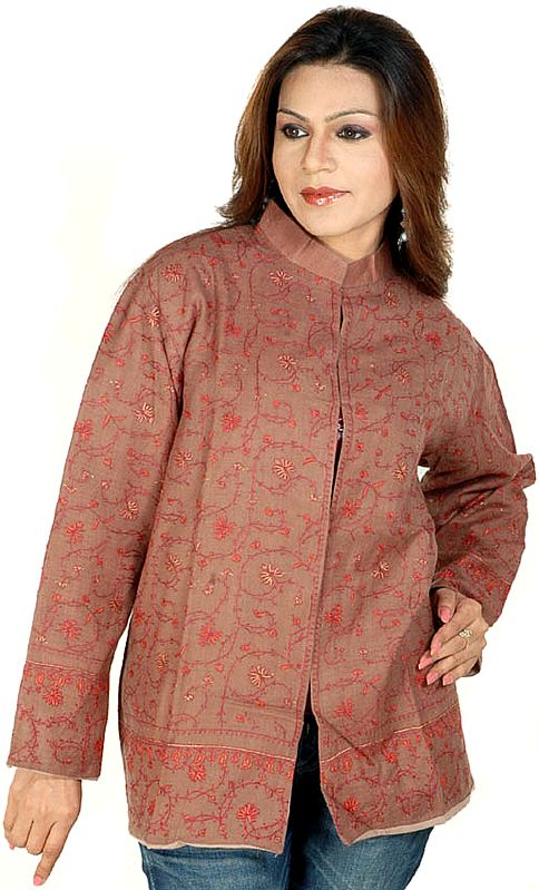 Brown Tusha Jacket with Al-Over Hand Needle Embroidery