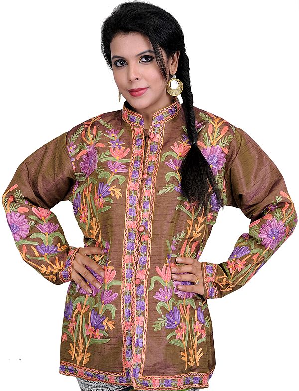 Brownie Jacket from Kashmir with Aari Embroidered Flowers