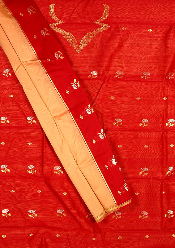 Burgundy and Beige Chanderi Suit with Woven Flowers