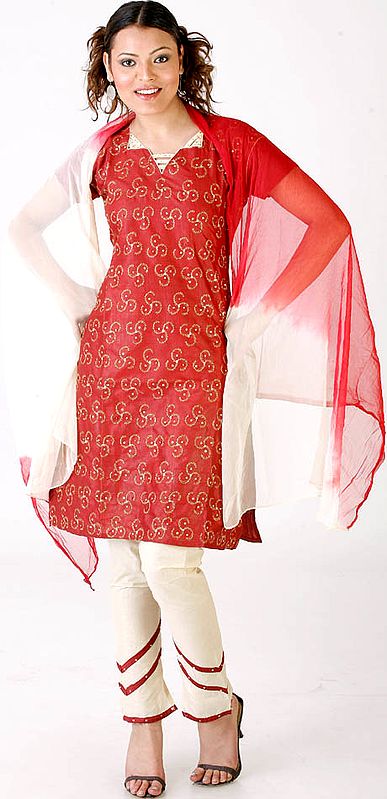 Burgundy and Beige Choodidaar Suit with Threadwork and Sequins All-Over