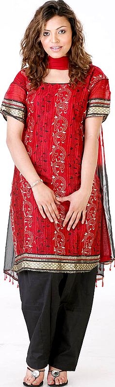 Burgundy and Black Salwar Kameez with All-Over Embroidery
