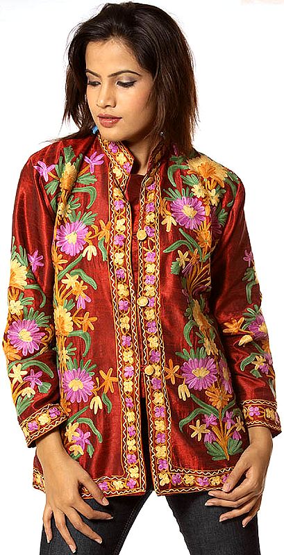 Burgundy Aari Jacket with All-Over Floral Embroidery