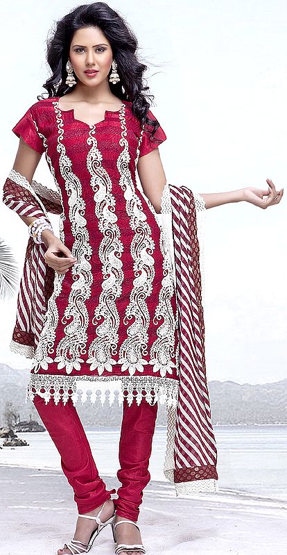 Burgundy Choodidaar Kameez Suit with Aari-Embroidery All-Over and Crochet Border