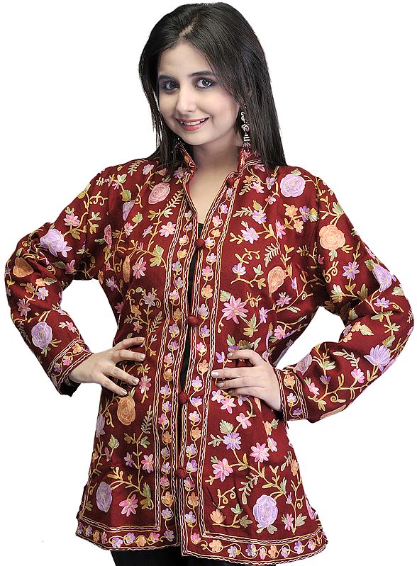 Burgundy Kashmiri Jacket with Embroidered Flowers All-Over