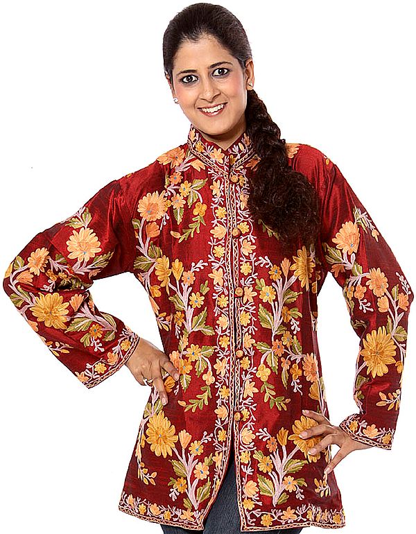 Burgundy Kashmiri Jacket with Embroidery All-Over