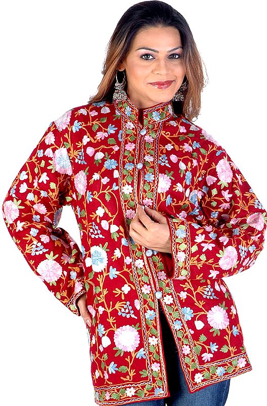 Burgundy Kashmiri Jacket with Floral Embroidery