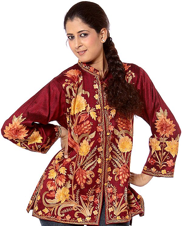 Burgundy Kashmiri Jacket with Large Flowers Embroidered All-Over
