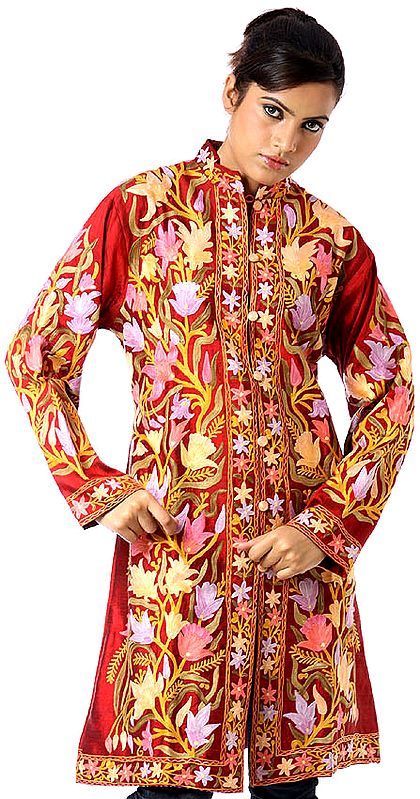 Burgundy Long Silk Jacket with Embroidered Flowers All-Over