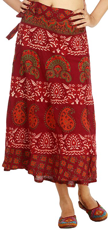 Burgundy Wrap-Around Sanganeri Skirt with Printed Motifs