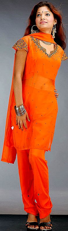 Burnt Orange Choodidaar Suit with Sequins and Beads