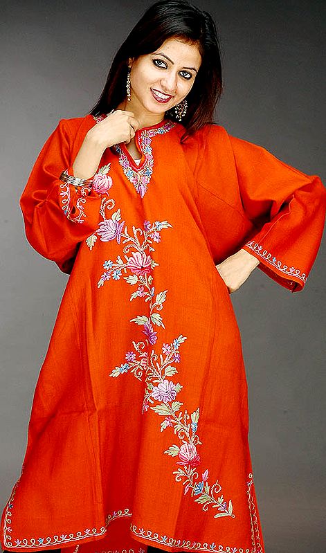 Burnt Orange Kashmiri Phiran with Floral Embroidery