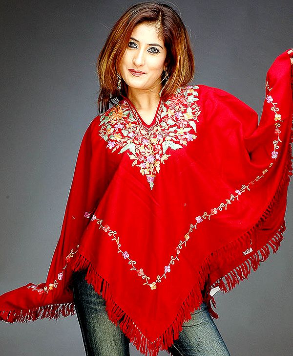 Burnt Red Poncho with Aari Embroidery