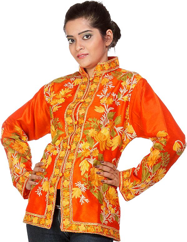 Burnt-Ochre Jacket from Kashmir with Aari Embroidery All-Over
