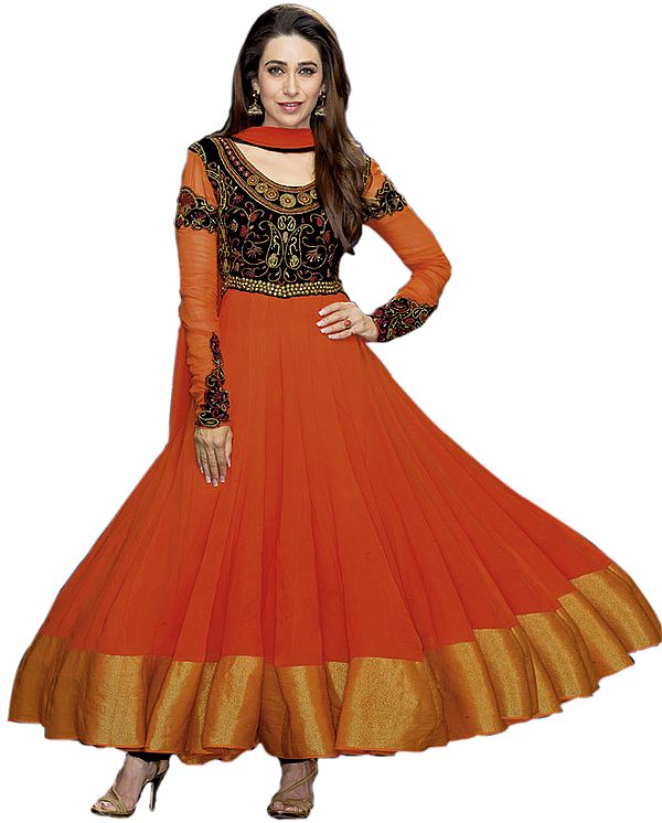 Burnt-Orange Bridal Karishma Anarkali Suit with Zardozi Embroidery and Patch Border