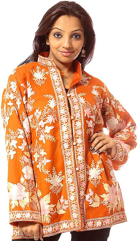 Burnt-Orange Jacket from Kashmiri with Crewel Embroidery
