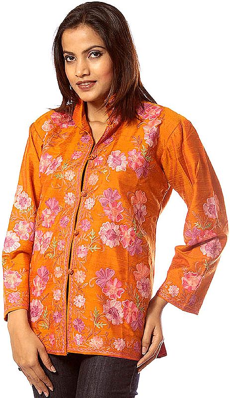 Burnt-Orange Jacket with Crewel Embroidered Flowers All-Over