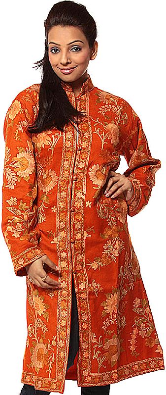Burnt-Orange Long Jacket from Kashmir with Crewel Embroidery